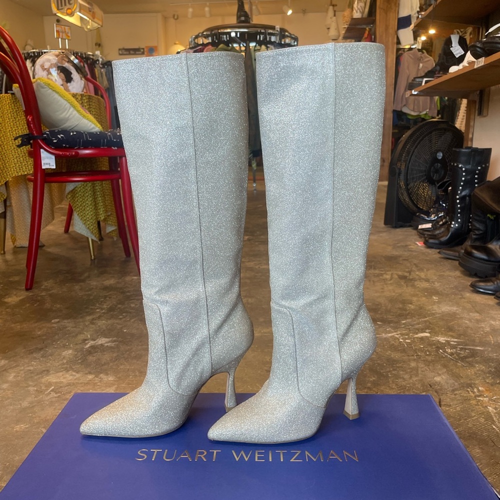 WITH BOX Stuart Weitzman “Parton” Platinum Glitter Boots Sparkle